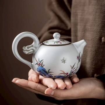 茶壺 紫砂壺 月白汝窯創意手工扒花龍珠壺泡茶壺汝窯茶壺單人家用手把壺