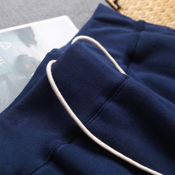 靛藍色加絨衛褲 380g重磅純色厚實橫向編織深藍色休閑運動長褲冬