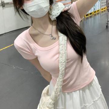 胖胖美依 短袖T卹 基本款 印花上衣 S-XL新款方領短袖辣妹短款修身短款上衣-9256.