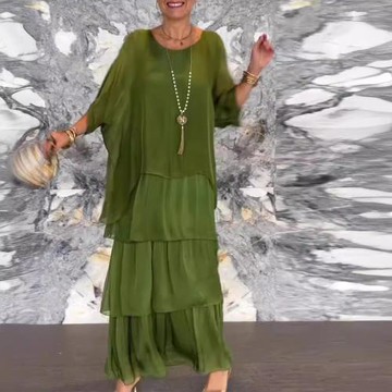 2024歐美時尚新款雪紡網紗蝙蝠袖圓領長款連衣裙