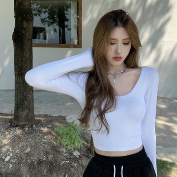 春秋款圓領修身高腰短款打底衫女內搭純棉長袖t恤露肚臍緊身上衣