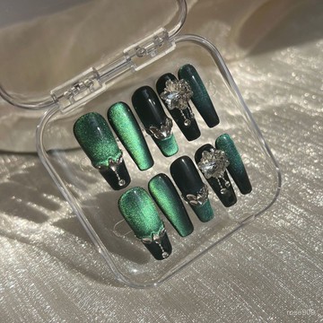 💅限時下殺穿戴甲💅闇黑綠貓眼高級手工穿戴甲貼片炫彩綠光爆款手工穿戴甲 BMFD