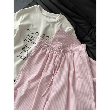 ins風  夏季複古慵懶風  小清新豎條紋闊腿  寬鬆拖地薄款休閒  長褲女潮 XFAI
