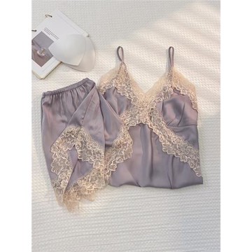 2024年紫色吊帶短褲睡衣女夏季薄款冰雪絲純白色蕾絲帶胸墊家居服