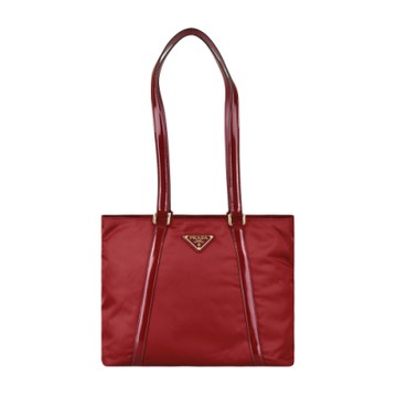 PRADA 普拉達 燙金三角牌LGOO防水尼龍拉鍊肩背購物袋(火紅)