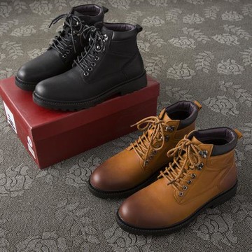 精選皮料！男士休閑高幫真皮系帶皮鞋秋季新款工裝鞋品牌撤柜男鞋