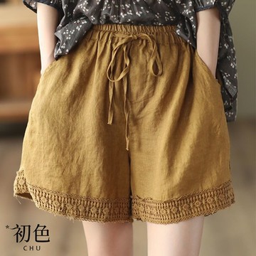 初色  復古文藝鬆緊腰寬鬆闊腿休閒褲寬褲短褲-共6色-34659(M-4XL可選)