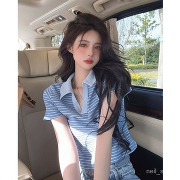 P3-【限時特賣】短袖上衣 polo上衣 翻折領上衣 短袖T恤 夏季小個子短袖款條紋修身polo衫女短袖遮肉遮肚子純慾風