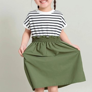 日本 BRANSHES - 法式拼接定番色短袖洋裝-條紋-軍綠