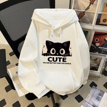 愛依依 連帽衛衣 長袖T卹 印花上衣 學院風S-2XL新款小貓印花寬鬆百搭款潮牌外套上衣-9534.