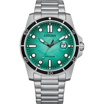 CITIZEN 光動能水波紋手錶 開學新裝備-湖水綠 AW1816-89L