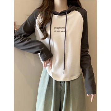 正肩t恤女春秋寬松新款顯瘦撞色連帽衛衣女莫代爾打底衫上衣潮