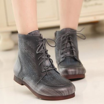 手工真皮文藝軟底女靴 英倫復古系帶平底馬丁靴春秋冬舒適短靴潮