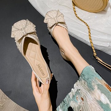 方頭平底單鞋女小碼水鉆蝴蝶結軟底豆豆鞋大碼女鞋婚鞋伴娘新娘鞋