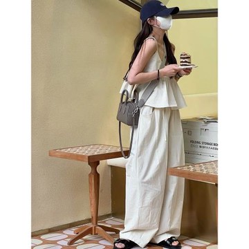 休閑韓版吊帶套裝女夏裝寬松無袖小個子高級感棉麻上衣褲子兩件套