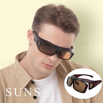 【SUNS】頂級上翻式方框偏光墨鏡/套鏡 大框架包覆性佳 抗UV400 茶片 S803-2