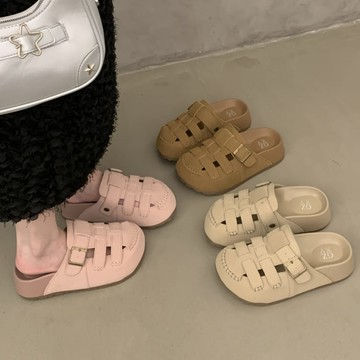 【現貨出清】穆勒鞋．街頭絨面拼接簍空金屬釦厚底拖鞋．白鳥麗子