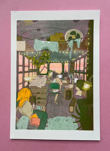 A5 Riso 原創插畫印品 -漫畫家工作室房車-原創Risograph孔版版畫