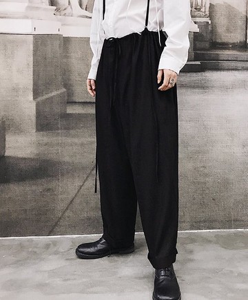 FINDSENSE H1秋季 日本 新款 設計師款 獨家款 文藝 棉麻  氣質 背帶闊腿褲 休閒褲 潮男褲子