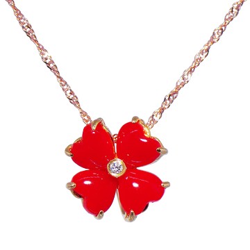 璀麗珠寶 日本赤血紅珊瑚 幸運草珊瑚愛心項鍊 墜子 真鑽 18K白金