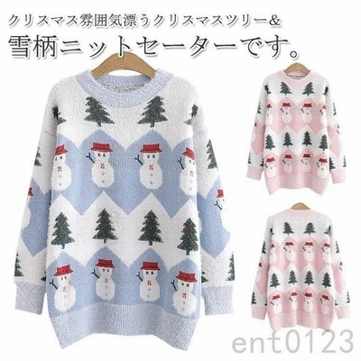 クリスマスツリー柄ニット雪人柄ニットレディースニットセーターモヘアタッチニットトップスプルオーバーニットラウンドネックふわもこおし 通販 Lineポイント最大get Lineショッピング