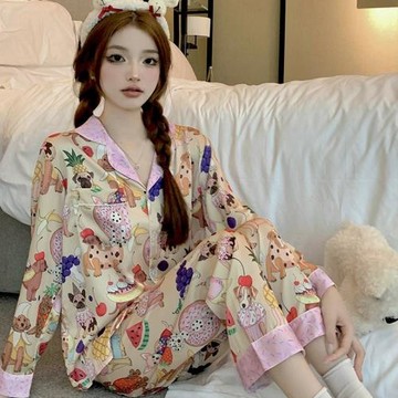 跨境新款趙露思同款貓咪冰絲睡衣女春秋長袖網紅家居服兩件套代發