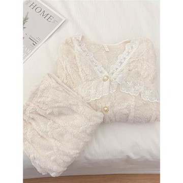 睡衣女冬季珊瑚絨加厚加絨2023年新款簡約風蕾絲公主風少女家居服