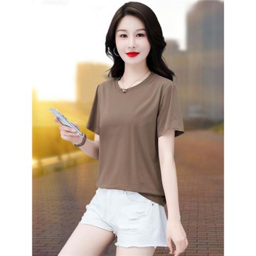 純棉短袖t恤女夏季2025新款中年媽媽寬松洋氣時尚圓領純色打底衫