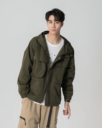 防風防潑水騎士大口袋連帽外套 (軍綠)