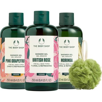 【THE BODY SHOP】經典沐浴滿足組(任選果香沐浴膠250ML*3 贈小沐浴球-蜜桃粉*1)