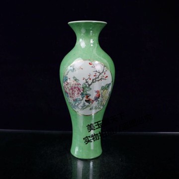 古玩收藏 景德鎮陶瓷器居仁堂綠釉花鳥觀音瓶 仿古瓷器花鳥瓶擺件