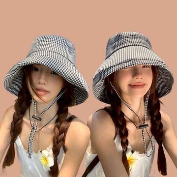 現貨-韓國千鳥格紋防曬漁夫帽女夏季薄款可折疊大簷遮陽帽遮臉太陽帽子 #6