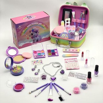 跨境熱銷新款兒童化妝品七彩獨角獸收納美妝盒女孩過家家彩妝玩具