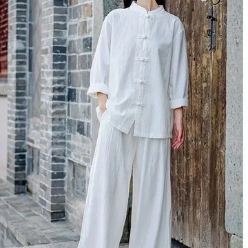 💥臺灣有貨🌈免運!💥太極套裝服女復古禪意棉麻春秋茶服新款中式立領盤扣寬鬆兩件套限時