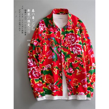東北大花長袖襯衫男式春季新款紅色民族風牡丹印花襯衣潮流中國風