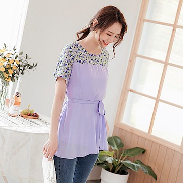 OB嚴選-印花拼接長版上衣．附收腰綁帶