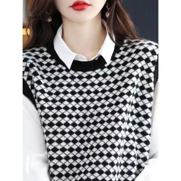 正品哥家女裝2025新款秋冬季寬松小菱格羊毛針織馬甲背心坎肩上衣