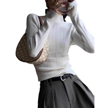 [米蘭精品] 針織衫長袖毛衣-微高領坑條內搭修身女上衣5色74ik39