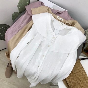 時尚純色圓領長袖雪紡衫女學院風 CP1入