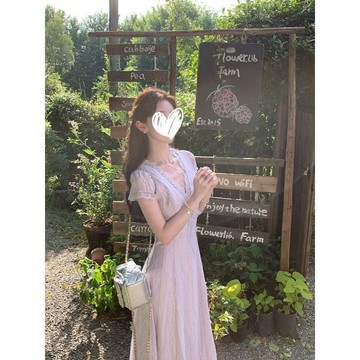 熱銷長賣爆款🌟夏季新款法式復古溫柔紫絕美氛圍感設計氣質短袖收腰顯瘦連衣裙AN2H
