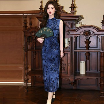 【米蘭精品】現貨+預購 新中式改良旗袍連身裙長裙A字裙百褶裙子大碼洋裝休閒女裝-無袖復古中式2色74mb5