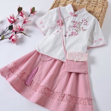 女童古裝漢服兒童唐裝中國風刺繡短裙套裝復古連衣裙春秋女孩童裝