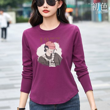 初色 韓系印花寬鬆顯瘦圓領長袖T恤上衣女上衣-共4色-38270(M-3XL可選/現貨+預購)