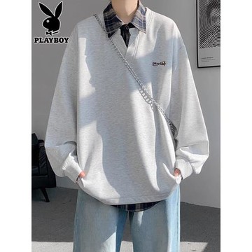 花花公子假兩件長袖t恤男士秋季潮流體恤寬松帥氣休閑上衣春秋款