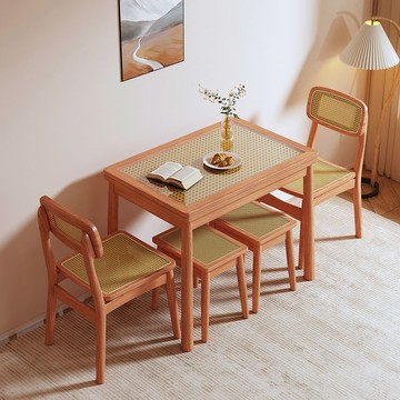 免運 可開票 快速出貨 北歐實木藤編餐桌椅組合小戶型家用折疊餐桌日式侘寂風長方形飯桌D