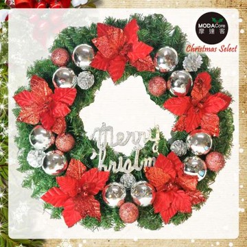 摩達客耶誕-24吋浪漫朵朵聖誕花豪華綠色聖誕花圈福臨圈(銀紅系)(台灣手工藝製/免組裝)  本島免運費
