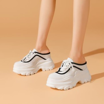 10CM厚底半拖運動鞋夏季女款包頭松糕鞋真皮小碼涼拖時尚外穿拖鞋