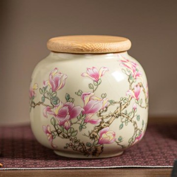 米黃汝窯玉蘭花開茶葉罐中式密封防潮茶葉儲存罐空罐子單個
