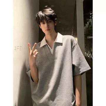 ✨台灣發貨✨大尺碼上衣男 POLO衫男 短袖上衣 重磅美式260克華棉撞色假兩件V領Polo衫翻領短袖t恤男款夏季新款