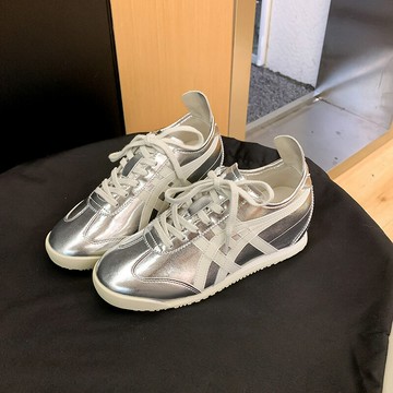 鬼塚鞋復古銀色德訓鞋真皮拼色女內增高系帶休閑運動阿甘鞋